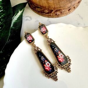 Gold Baroque Moody Dark Floral Earrings Micro Mosaic Style Victorian Vtg Style
